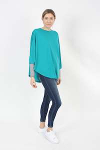 All Ponchos: Poncho Plain Teal Merino - Navy White Stripe cuff - Pre-Order