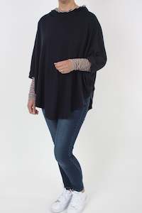 Hooded Poncho - Navy Merino - Navy/Pink stripe trims - Pre-Order 2-3 weeks