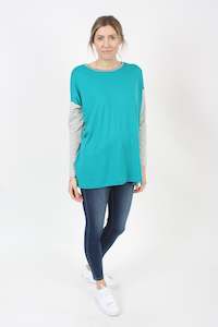 Talia Top - Merino - Reversible Teal/Grey - Grey Stripped Sleeve