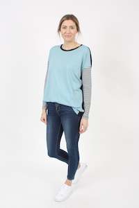 Talia Top - Merino - Reversible Sky/Navy - Navy Stripped Sleeve - Pre Order 2 - 3 Weeks