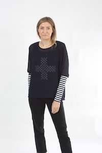 Chloe Top - Navy with Stripe Sleeve - Pre-Order