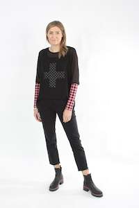 Chloe Top - Black With Pink Gingham Sleeves