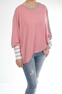 Alexa Top - Merino - Reversible Pink/Grey - Thin Stripe Cuff - Pre-Order