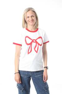 Tee Shirt - White with Red Trims red bow Print