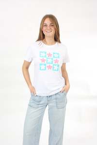 Tees: Tee Shirt - White - Pink and Turquoise Checked Daisy's Print - Pre Order