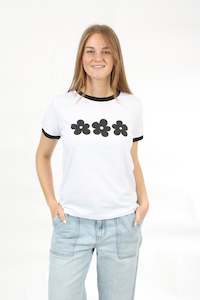 Tees: Tee Shirt - White black Trims - 3 Flowers  - Pre Order