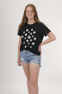 Tee Shirt - Black with White Scattered crosses Print - Wadzee Print - Pre Order