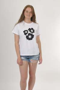 Tees: Tee Shirt - White with black 3 flower Print - Wadzee Print - Pre Order