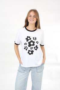 Tee Shirt - White black Trims - Black Flower Bunch - Pre Order