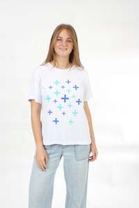 Tees: Tee Shirt - White - Blue and Turquoise scattered Crosses Print - Pre Order