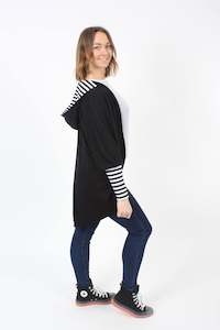 Hooded Cardi - Merino - Black - Black and White Stripe - Pre Order 2 - 3 Weeks