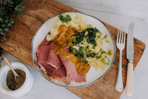 Corned Beef with Mustard Sauce, Creamy Mashed Potato and Buttery Cabbage. - Waipawa Butchery