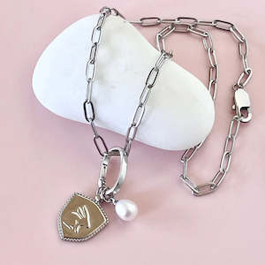 Penny Foggo Necklace - Rabbit Shield and Pearl on a Stainless Steel Paperclip Chain