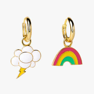 Yellow Owl Hoop Earrings - Rainbow and Cloud