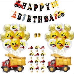 35PCS Cartoon Excavator Latex Balloon Cake Topper Construction Vehicle Banner