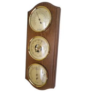 Watch: Rustic Oak & Brass Weatherstation-3 in 1 - Hygrometer + Barometer + Thermometer