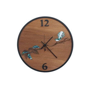 New Zealand Made Clock -Rimu & Paua Fantail