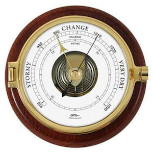 Large 200mm Brass & Mahogany Barometer & Clock Combo – Nautical-Inspired Design