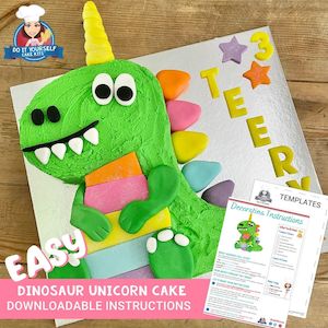 Dinosaur Unicorn Cake Template and Decorating Tutorial