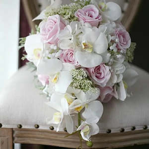 DIY Real Look Luxury Bridal Bouquet White Orchids & Pink Roses