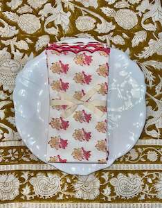 Block Print Cotton Napkins Beige Pink Floral Set of 6