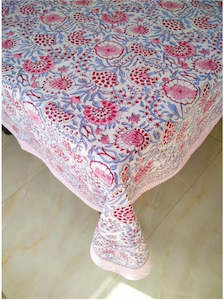 Block Print Cotton Tablecloth Pink & Blue 183x305cm