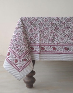 Block Print Cotton Tablecloth Cherry Red Tiny Flowers 183x305cm