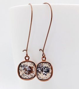 Jewellery: Rose Gold Patina Long Lever Back 12mm Swarovski Cushion Earrings – Wendi Lindsay Jewellery