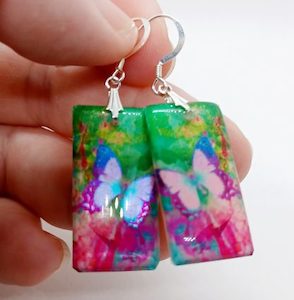 Jewellery: Green and Pink Butterfly Rectangle Resin Handmade Earrings – Wendi Lindsay Jewellery