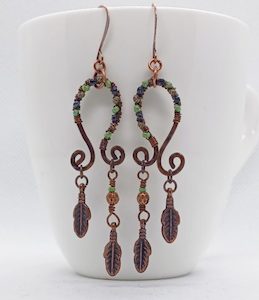 Flowing Feather Green and Copper Wire Handmade Earrings – Wendi Lindsay Jewellery