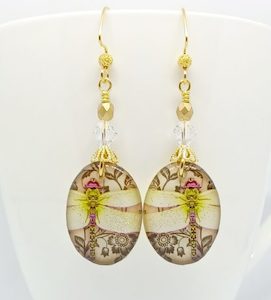 Golden Resin Dragonfly on Wallpaper Handmade Earrings – Wendi Lindsay Jewellery