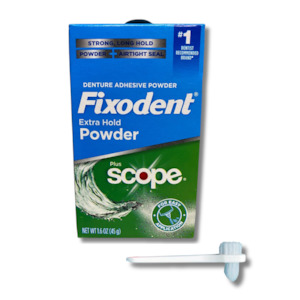 Denture Care: Fixodent Extra Hold Denture Adhesive Powder Plus Scope 45g