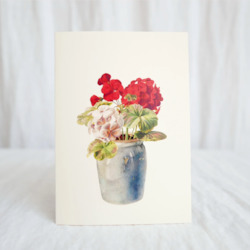 Clothing: Hydrangea Ranger Card - Geranium in grey vase