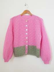 Clothing: Hand knit cardi - Pink + Sage