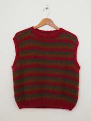 Clothing: Hand knit vest - Red, green + tan