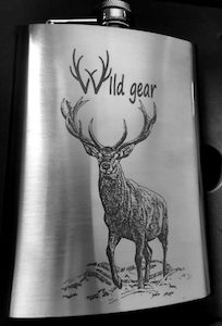 Red Stag walking front on Stainless Steel hipflask set