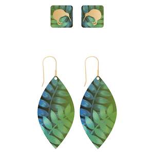 Teardrop Earring Set plus Ear Studs - Kiwi and Ferns