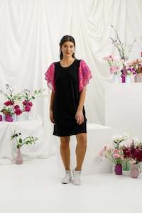 Womenswear: HOME-LEE LOLA DRESS - BLACK WITH SUNSET FLORAL SLEEVES