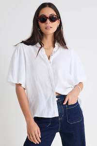 AMONG THE BRAVE RESTED WHITE LINEN BUBBLE SLEEVE SHIRT