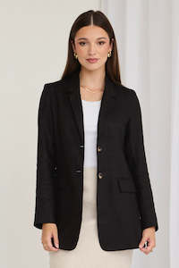 Womenswear: RE:UNION LABEL ASTER BLACK LINEN BREASTED LONGLINE BLAZER