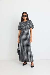 Stories Be Told Astrid Black Check Puff Sleeve Bias Maxi Dress