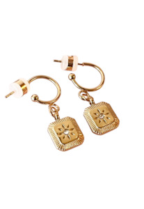 Womenswear: PENNY FOGGO LITTLE SQUARE SUN HALF HOOPS - GOLD