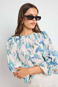 Womenswear: IVY + JACK CANDID BLUE CREAM FLORAL FRILL SLEEVE CREW NECK SS TOP