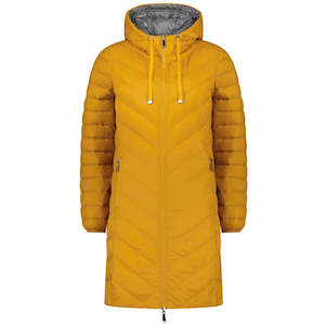 Arnie - Women's Reversible Long Down Jacket - Apricot Crush/Mini Black & Wh…