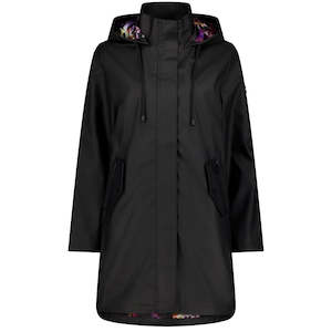 Billie Womens PU Coated Rain Coat || Evie Kemp Black with Purple Fleur