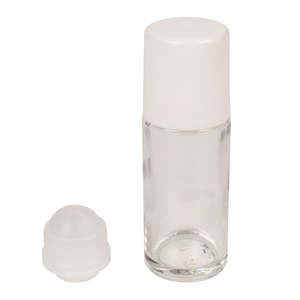 Nz Made Glassware: 50ml Clear Glass Rollon & White Cap & Plastic Ball