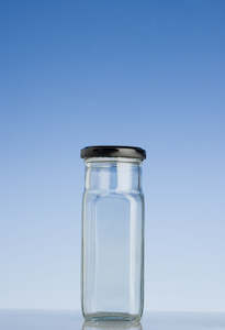 Nz Made Glassware: Square chutney bottle and black twist cap 250ml