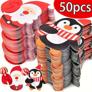 50pcs Christmas Lollipop Paper Card DIY Santa Snowman Penguin Candy Holder Party Supplies