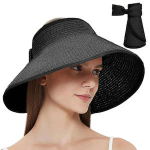 Women's UPF 50+ Wide Brim Roll-up Straw Sun Hat Sun Visor