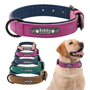 Personalized Genuine Leather Dog Collars Inner Padded with Engraving Nameplate